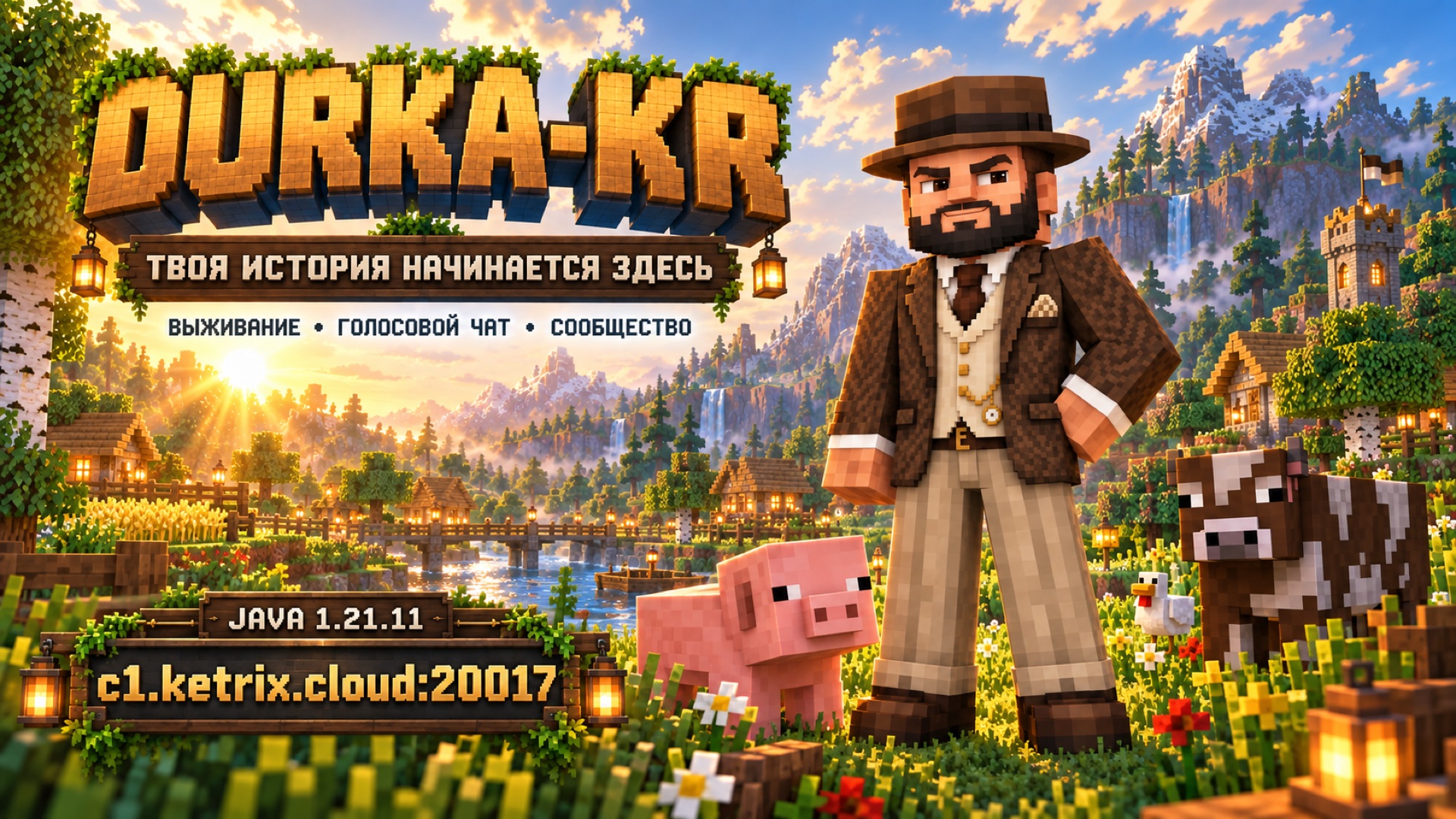 Персонаж DURKA-KR в шляпе среди Minecraft-деревни, гор, свиньи и коровы на закате